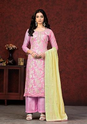 Pink Woven Banarasi Silk Kurta Set