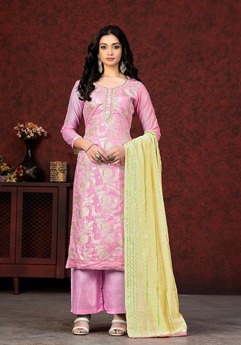 Pink Woven Banarasi Silk Kurta Set