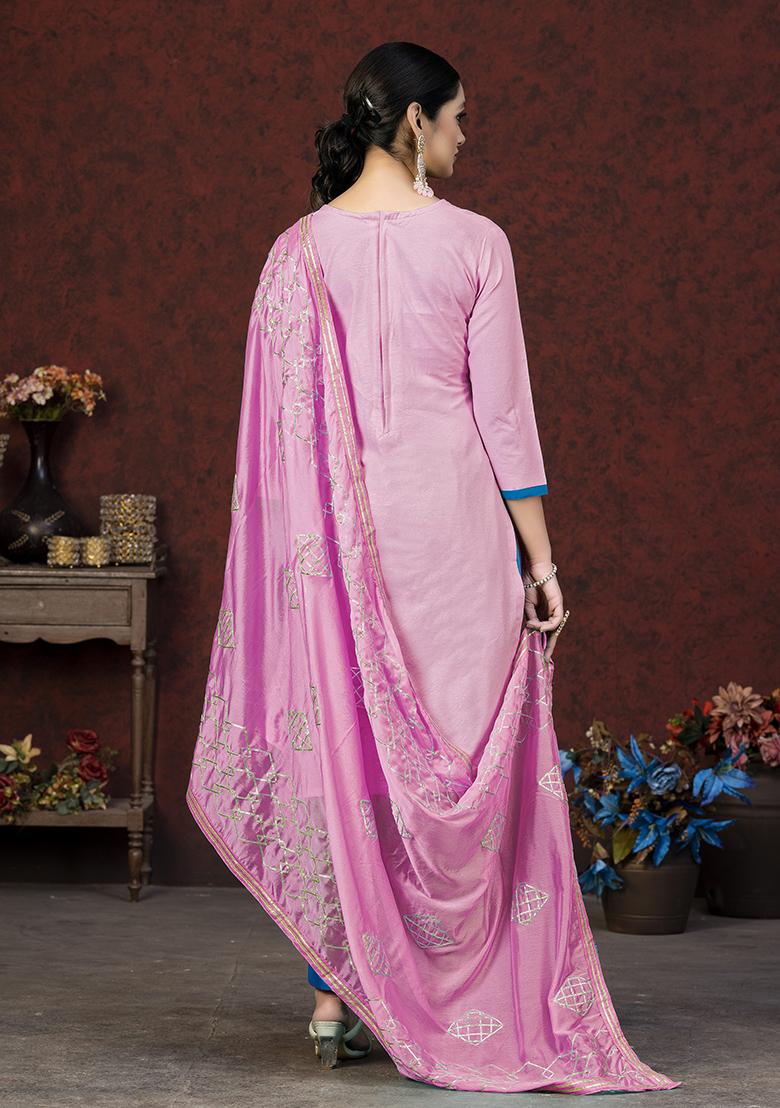 Pink Embroidered Glass Cotton Kurta Set