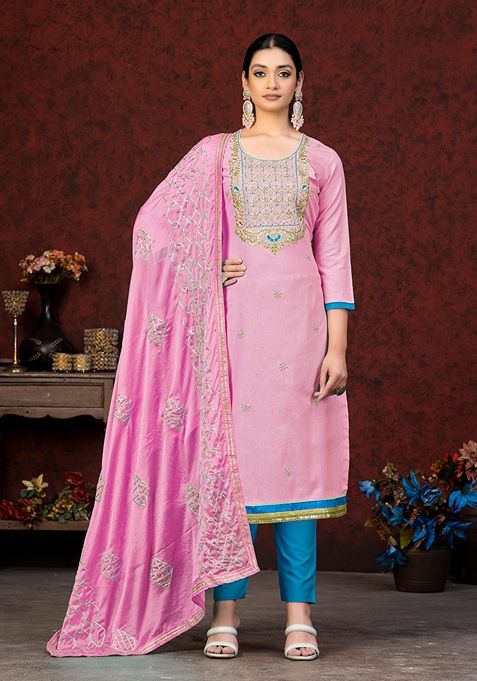 Pink Embroidered Glass Cotton Kurta Set