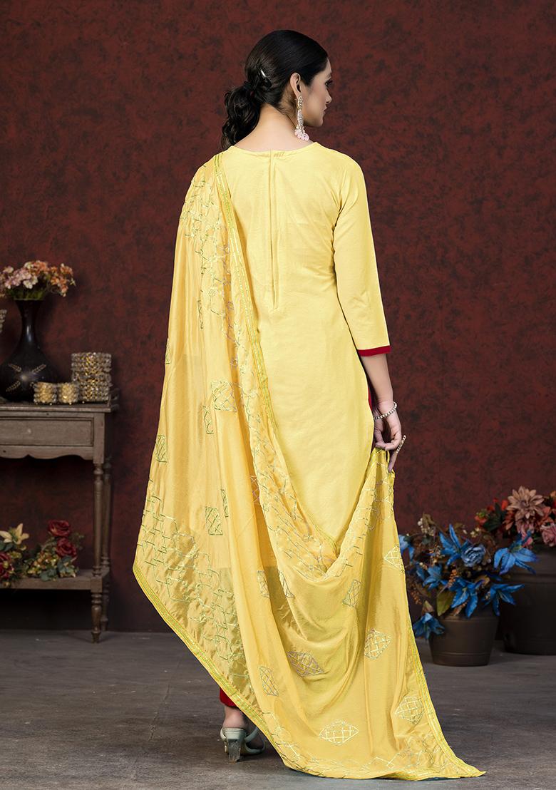 Yellow Embroidered Glass Cotton Kurta Set