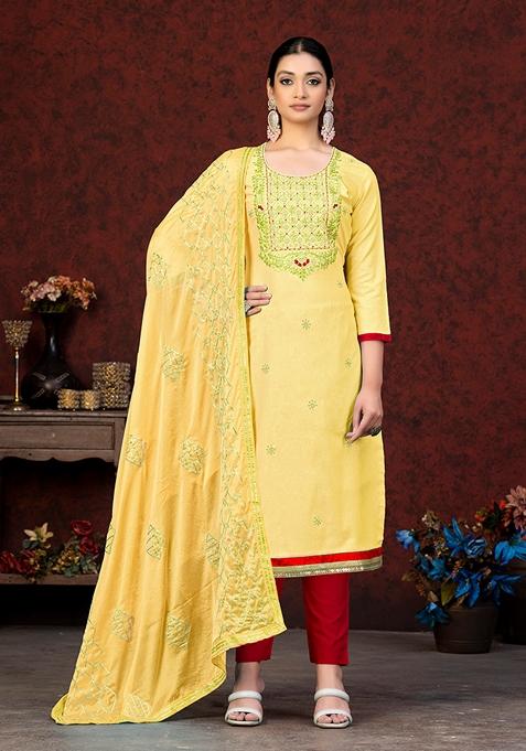 Yellow Embroidered Glass Cotton Kurta Set