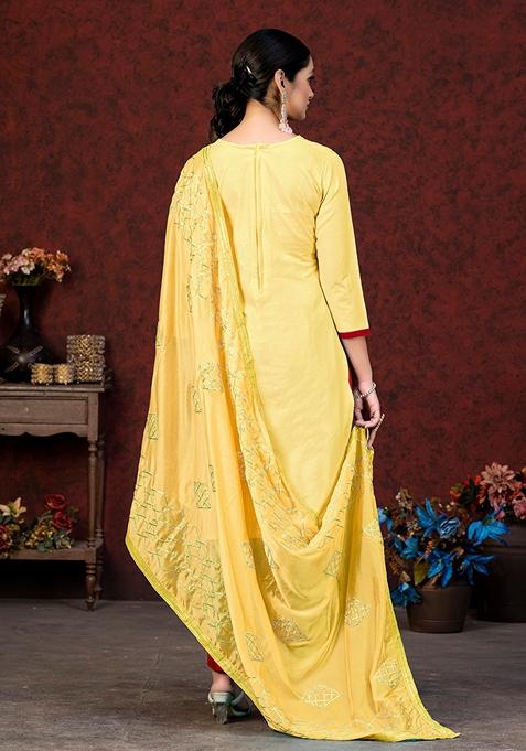 Yellow Embroidered Glass Cotton Kurta Set