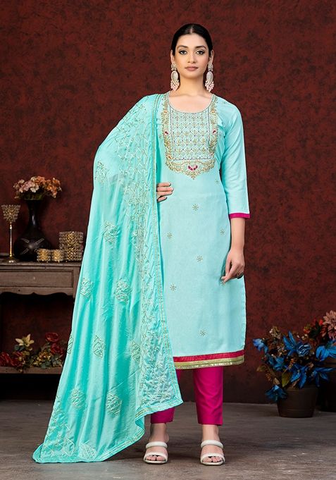 Blue Embroidered Glass Cotton Kurta Set