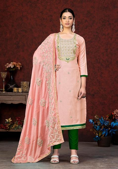 Peach Embroidered Glass Cotton Kurta Set