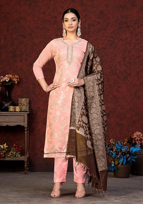 Peach Woven Banarasi Silk Kurta Set