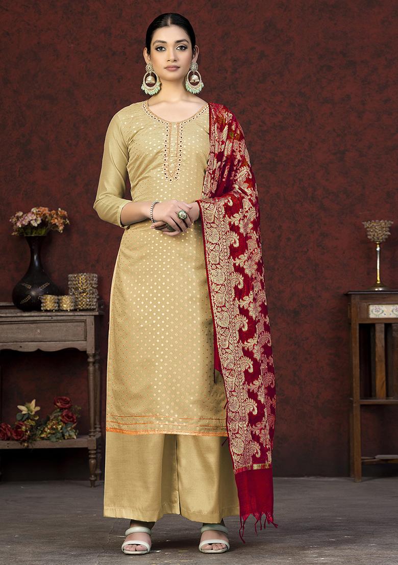Beige Woven Banarasi Silk Kurta Set