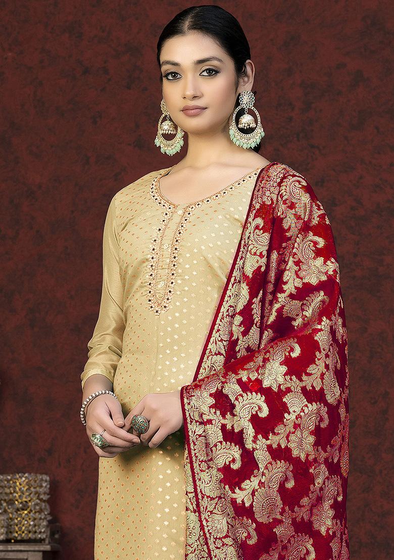 Beige Woven Banarasi Silk Kurta Set