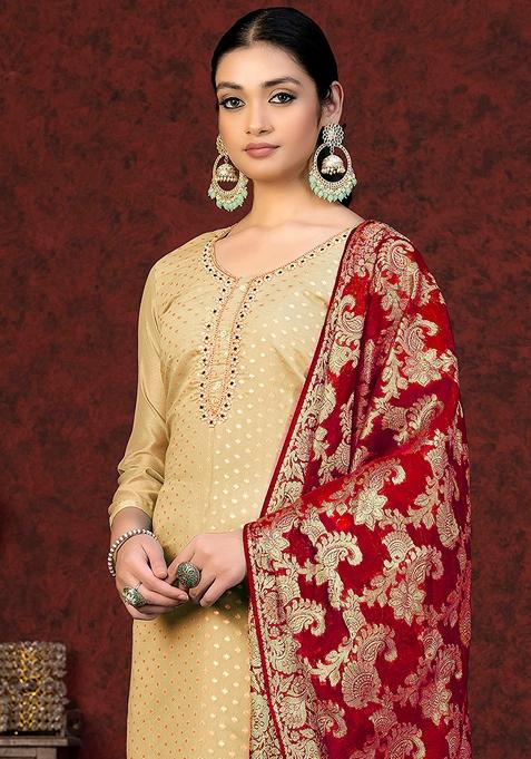 Beige Woven Banarasi Silk Kurta Set