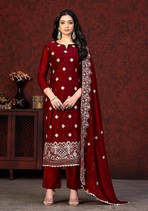 Maroon Embroidered Modal Chanderi Kurta Set