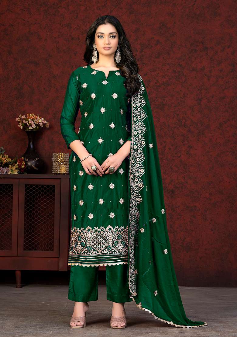Green Embroidered Modal Chanderi Kurta Set - Indya