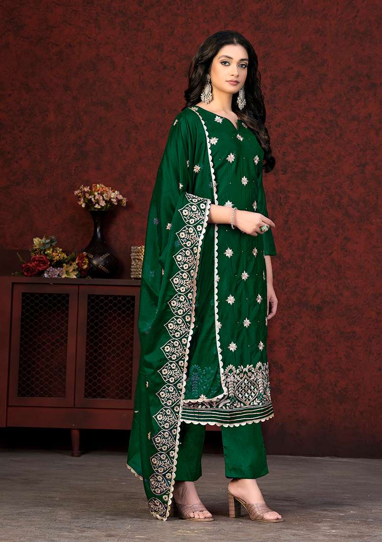 Green Embroidered Modal Chanderi Kurta Set - Indya