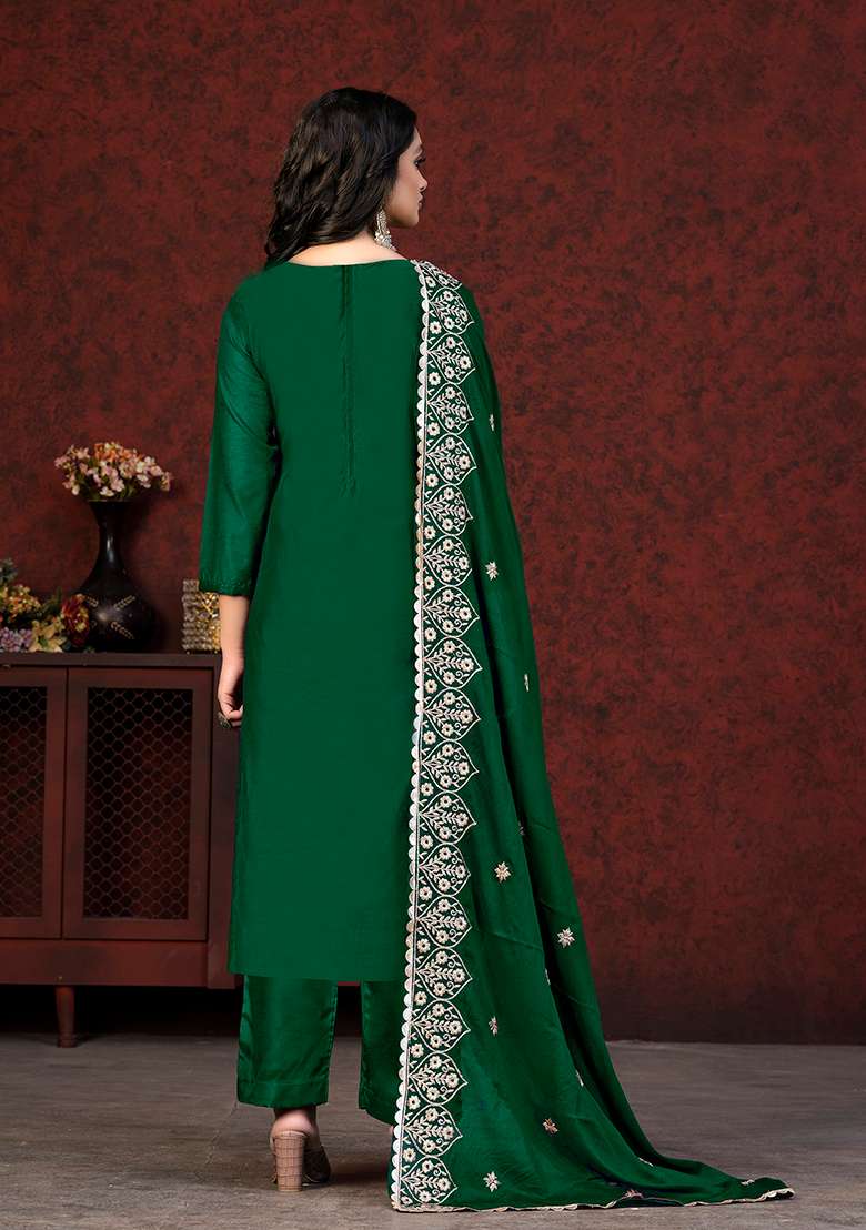 Green Embroidered Modal Chanderi Kurta Set - Indya