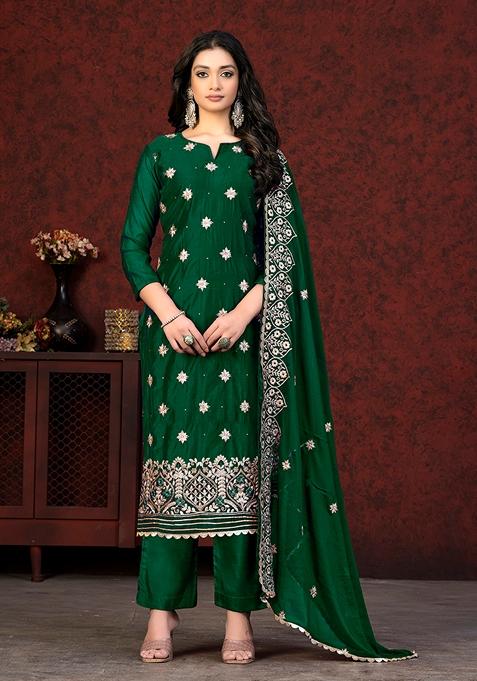 Green Embroidered Modal Chanderi Kurta Set