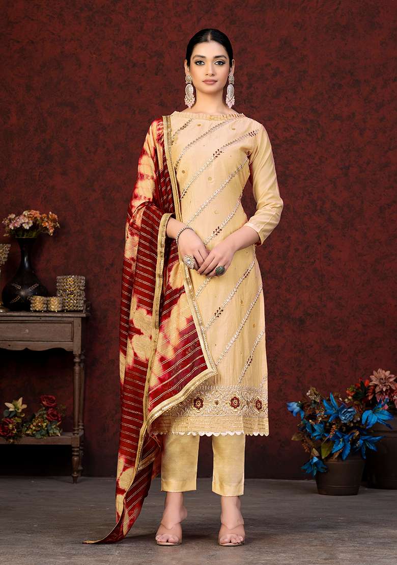 Yellow Embroidered Modal Chanderi Kurta Set - Indya