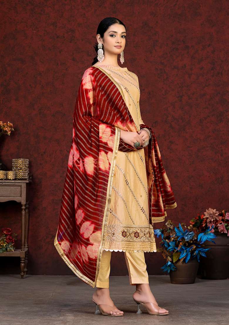 Yellow Embroidered Modal Chanderi Kurta Set - Indya