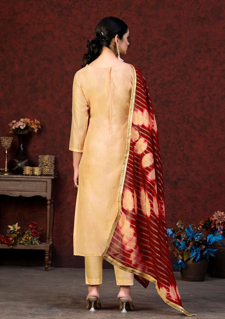 Yellow Embroidered Modal Chanderi Kurta Set - Indya