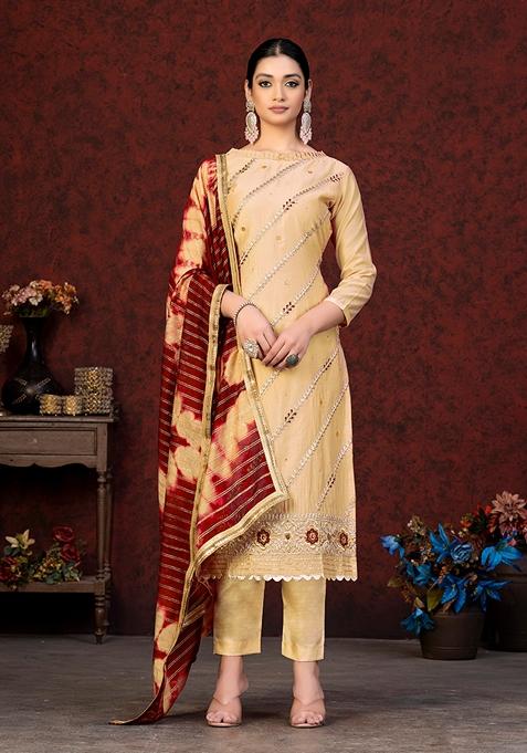 Yellow Embroidered Modal Chanderi Kurta Set