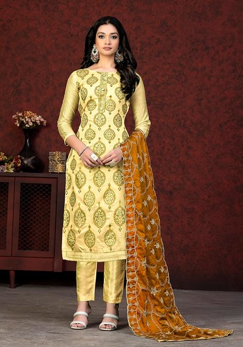 Yellow Embroidered Modal Chanderi Kurta Set