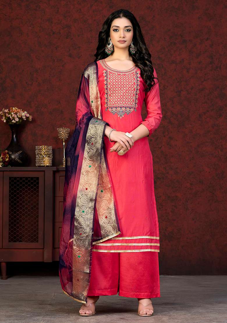 Coral Embroidered Modal Chanderi Kurta Set - Indya