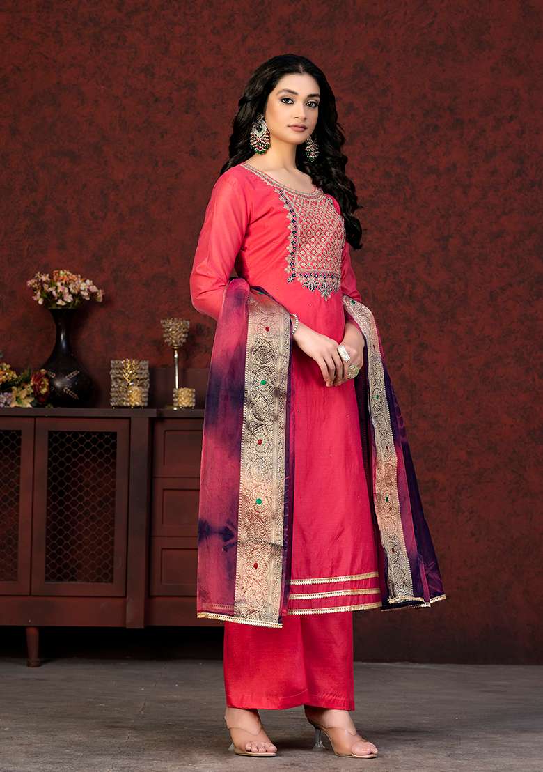 Coral Embroidered Modal Chanderi Kurta Set - Indya