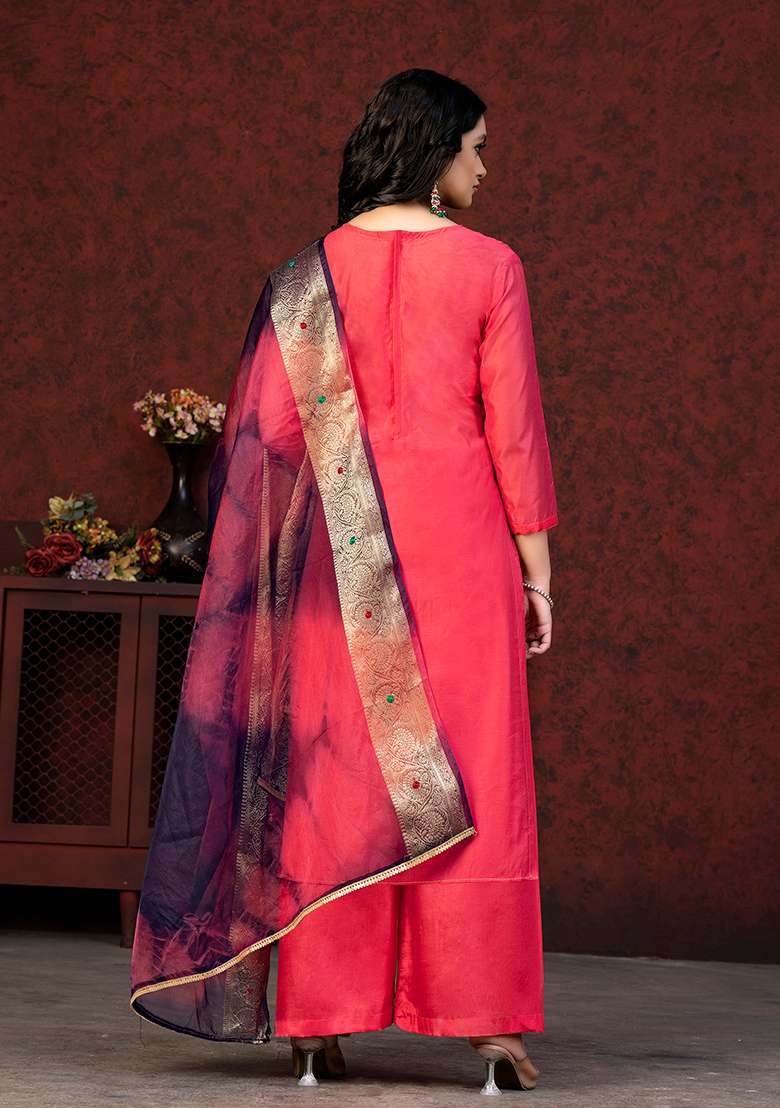 Coral Embroidered Modal Chanderi Kurta Set - Indya