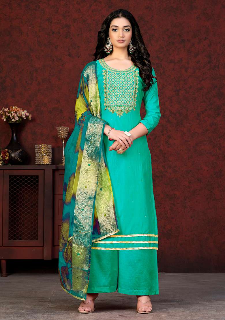 Sea Green Embroidered Modal Chanderi Kurta Set - Indya