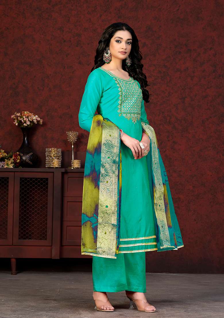 Sea Green Embroidered Modal Chanderi Kurta Set - Indya
