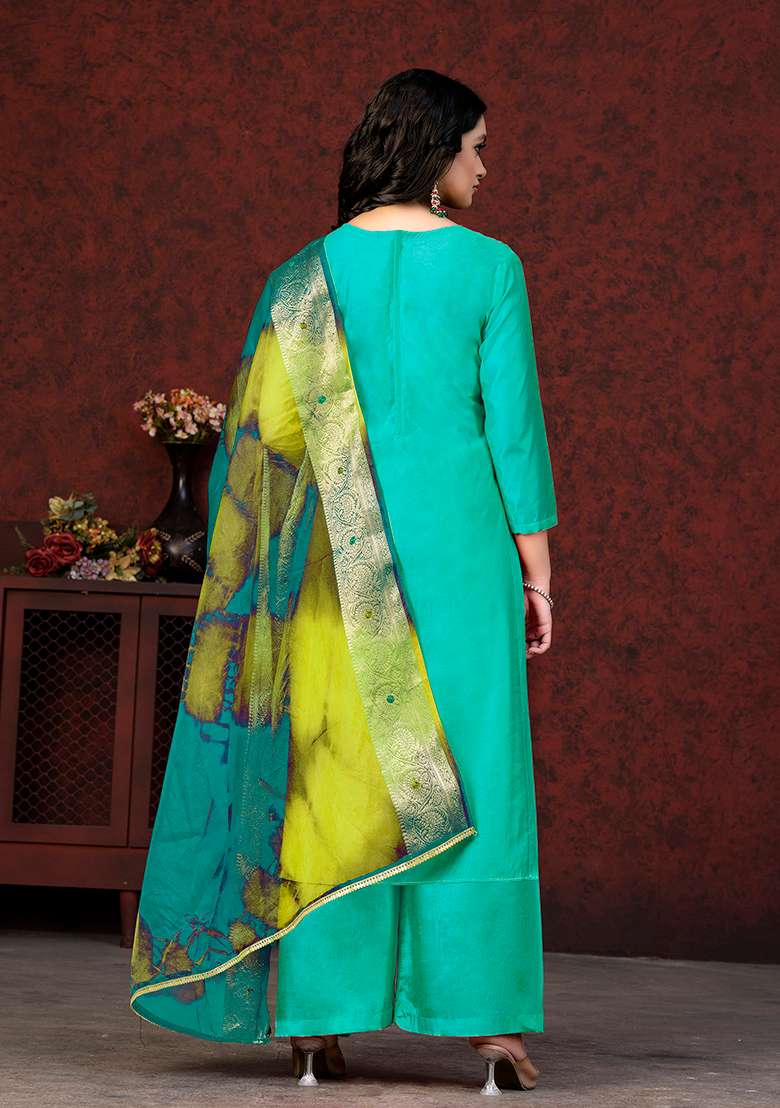 Sea Green Embroidered Modal Chanderi Kurta Set - Indya