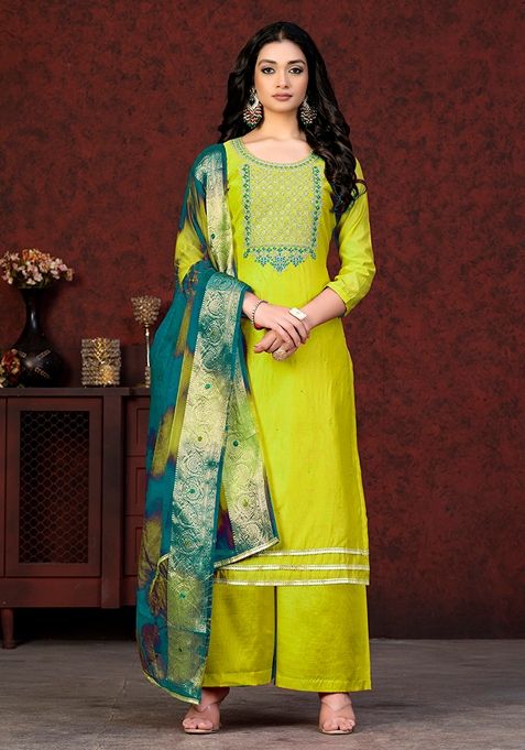 Green Embroidered Modal Chanderi Kurta Set