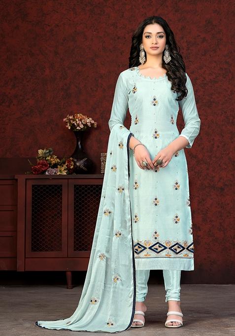 Sky Blue Embroidered Modal Chanderi Kurta Set