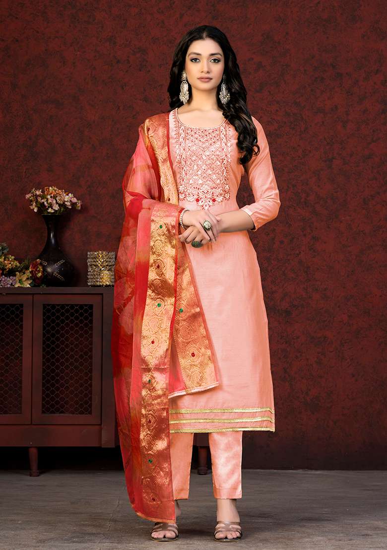 Peach Embroidered Modal Chanderi Kurta Set - Indya
