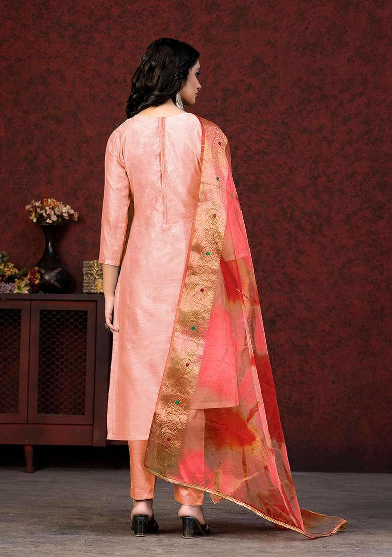 Peach Embroidered Modal Chanderi Kurta Set - Indya