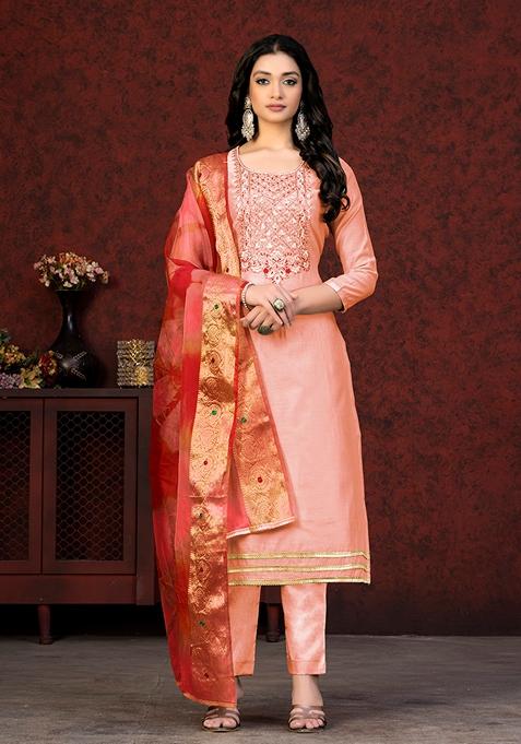 Peach Embroidered Modal Chanderi Kurta Set