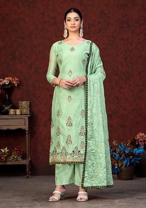 Pista Green Embroidered Modal Chanderi Kurta Set