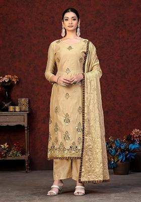 Beige Embroidered Modal Chanderi Kurta Set