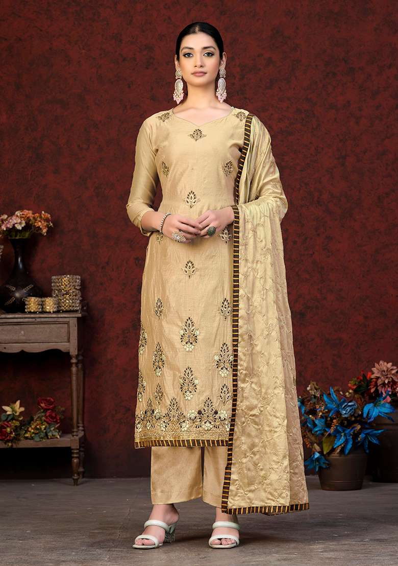Beige Embroidered Modal Chanderi Kurta Set - Indya