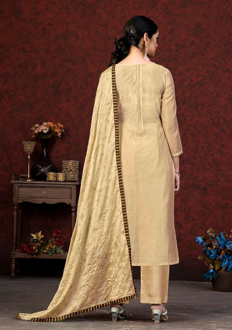 Beige Embroidered Modal Chanderi Kurta Set - Indya