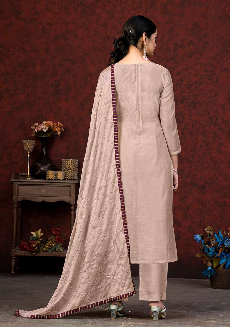 Peach Embroidered Modal Chanderi Kurta Set - Indya
