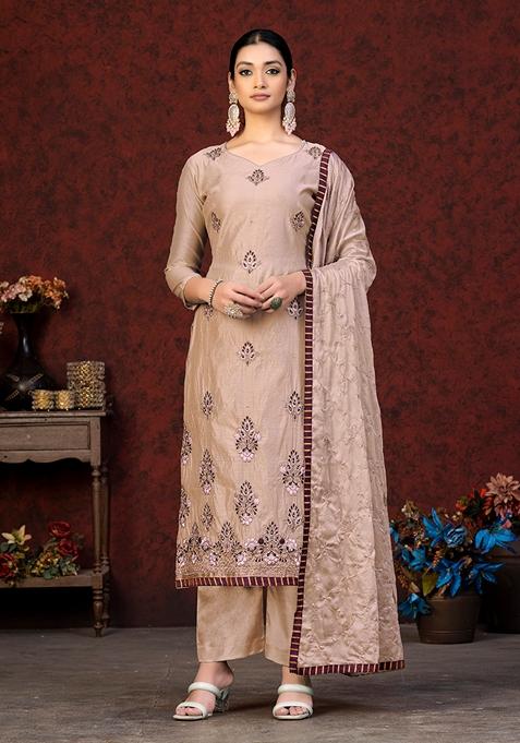 Peach Embroidered Modal Chanderi Kurta Set