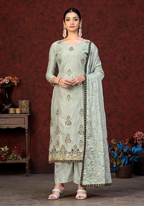 Grey Embroidered Modal Chanderi Kurta Set