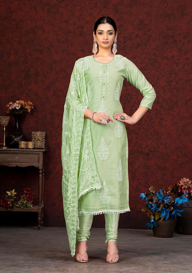 Pista Green Embroidered Modal Chanderi Kurta Set - Indya