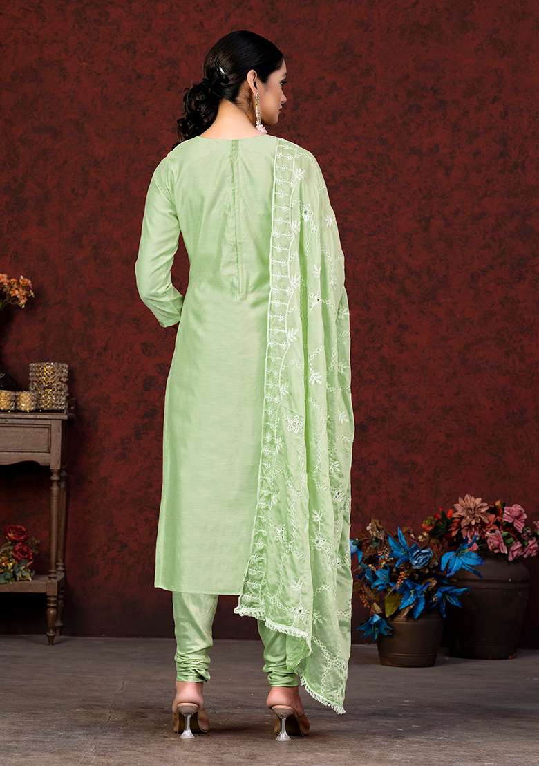 Pista Green Embroidered Modal Chanderi Kurta Set - Indya