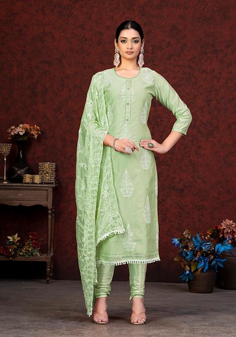 Pista Green Embroidered Modal Chanderi Kurta Set