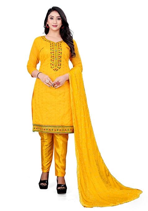 Yellow Embroidered Chanderi Cotton Kurta Set