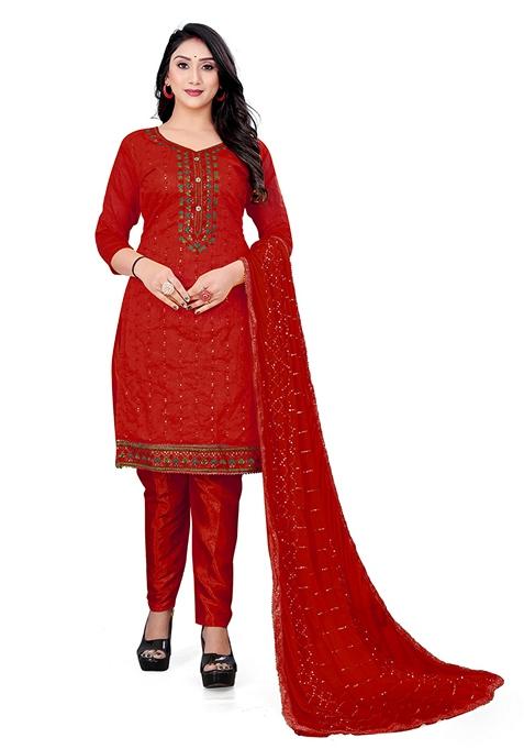 Red Embroidered Chanderi Cotton Kurta Set