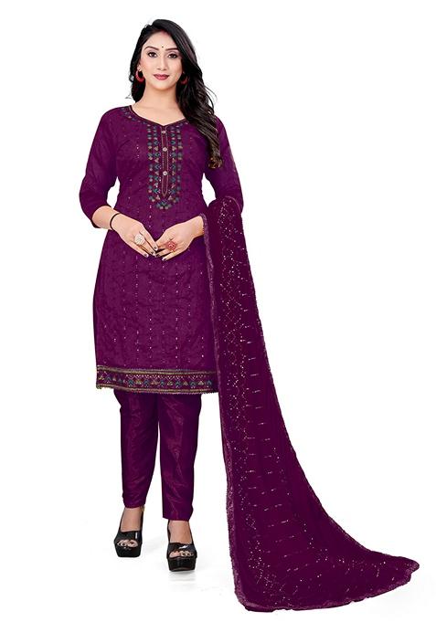 Purple Embroidered Chanderi Cotton Kurta Set