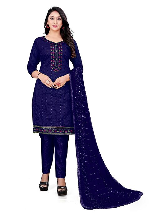 Blue Embroidered Chanderi Cotton Kurta Set