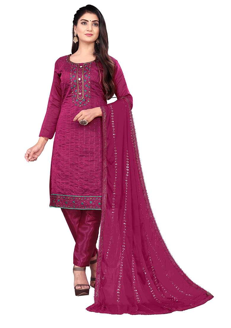 Burgundy Embroidered Chanderi Cotton Kurta Set - Indya