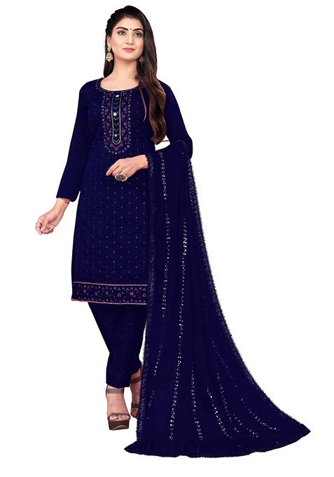 Blue Embroidered Chanderi Cotton Kurta Set